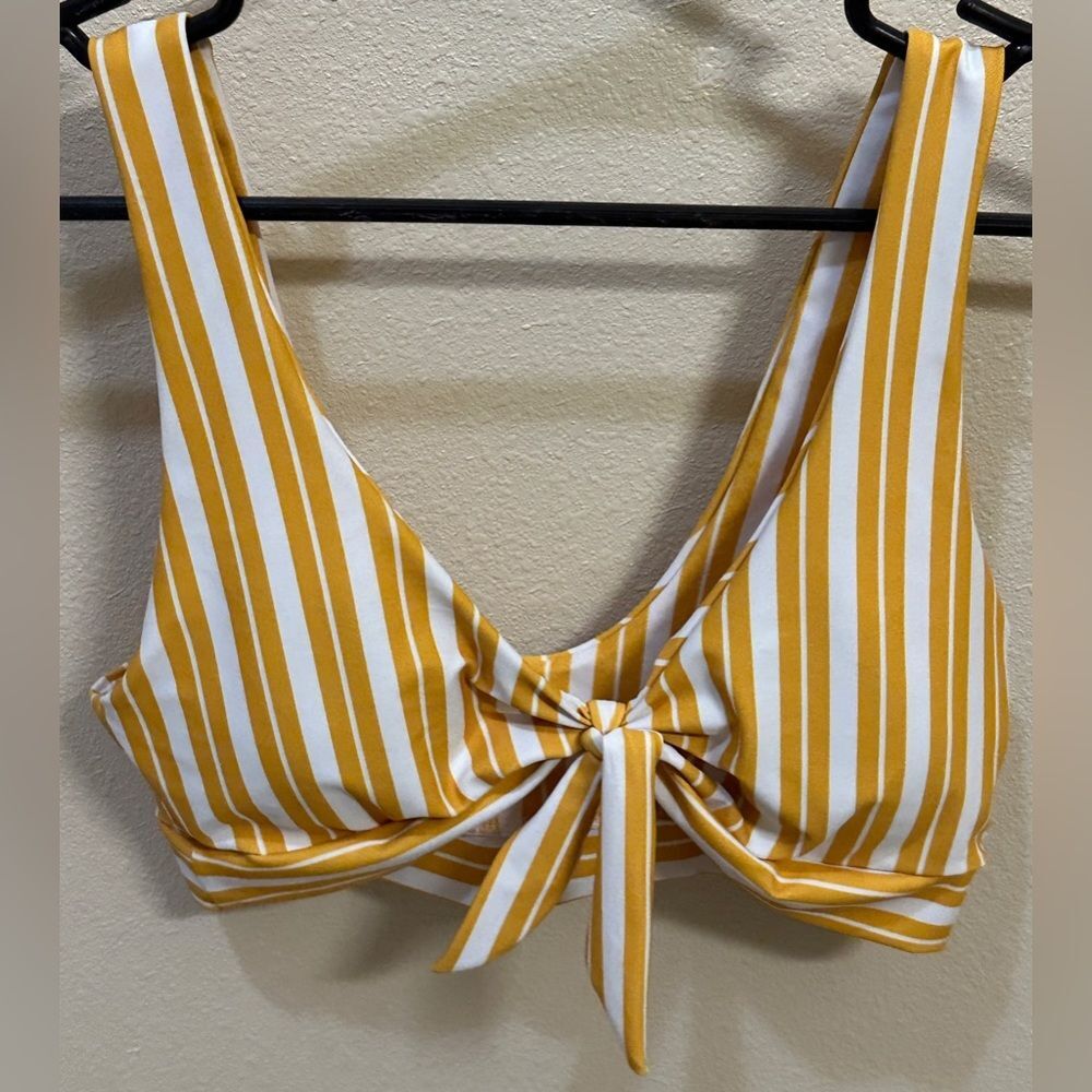 Mustard White Striped Tie Thick Strap Bikini Top Women's Size Small
